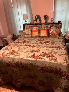 Pastel Green Toile Duvet, pillows, and window treatments